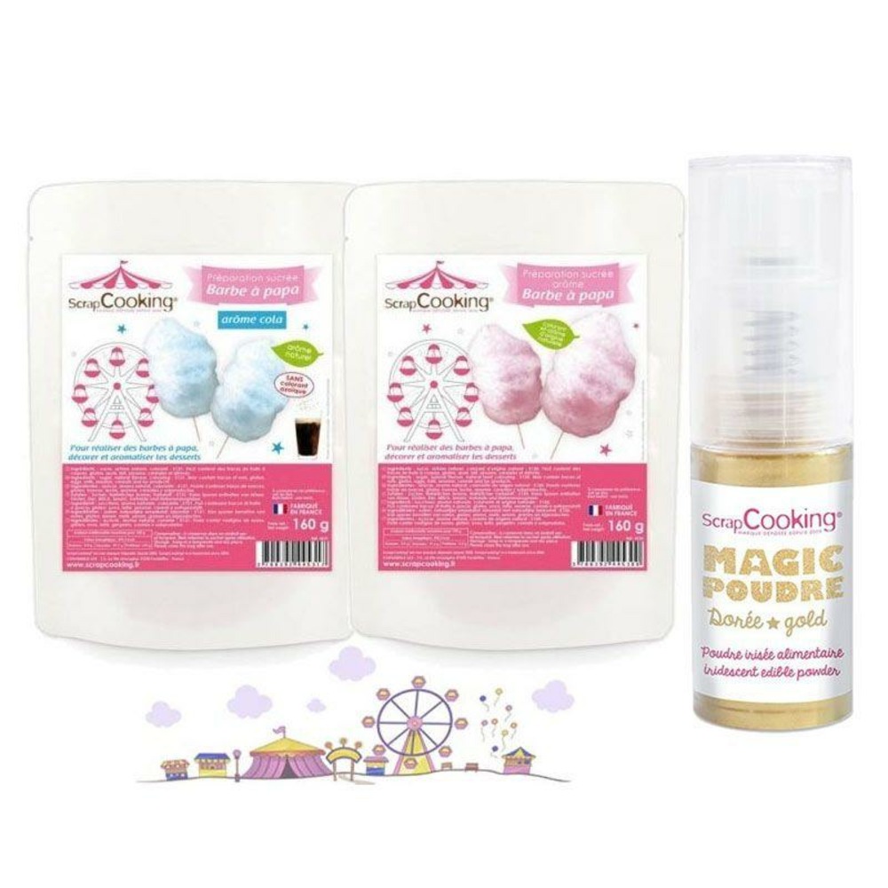 Préparation barbe à papa rose & bleu + 1 poudre alimentaire irisée dorée