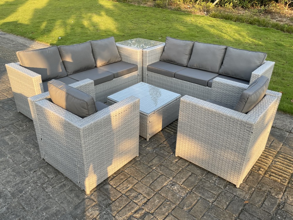 Meubles de jardin en rotin ave 2 fauteuil canapé table d'appoint table basse carrée gris clair