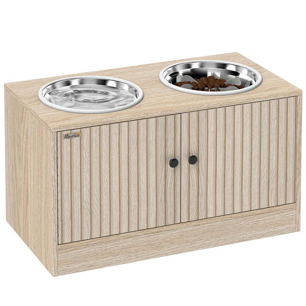 Porte-gamelles surélevé bois rangement 40l alimentation lente bols inox 60x30x35cm chêne - comfortxl outdoor living