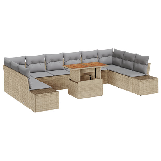 Ensemble de salle à manger de jardin de 11 pièces avec coussins en rotin poly beige et acacia