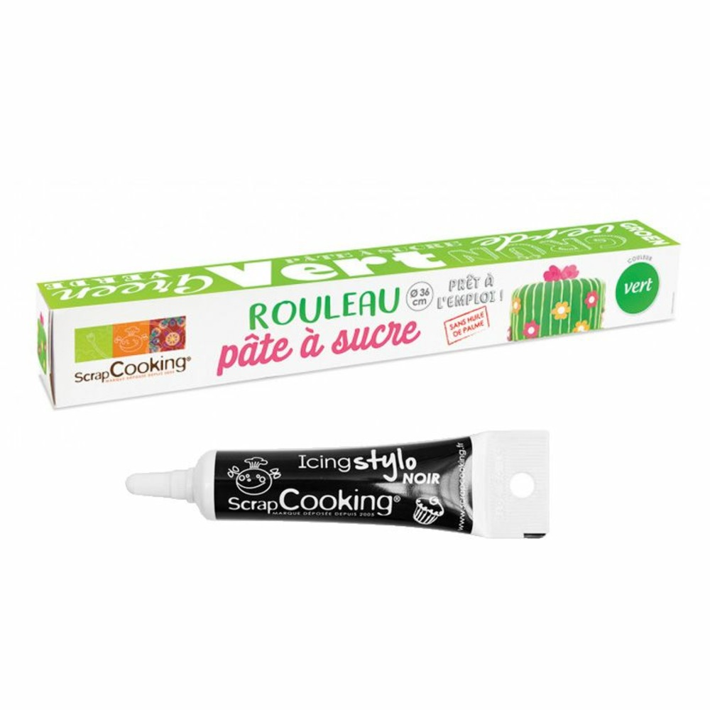Pâte à sucre en rouleau vert ø 36 cm + stylo de glaçage noir