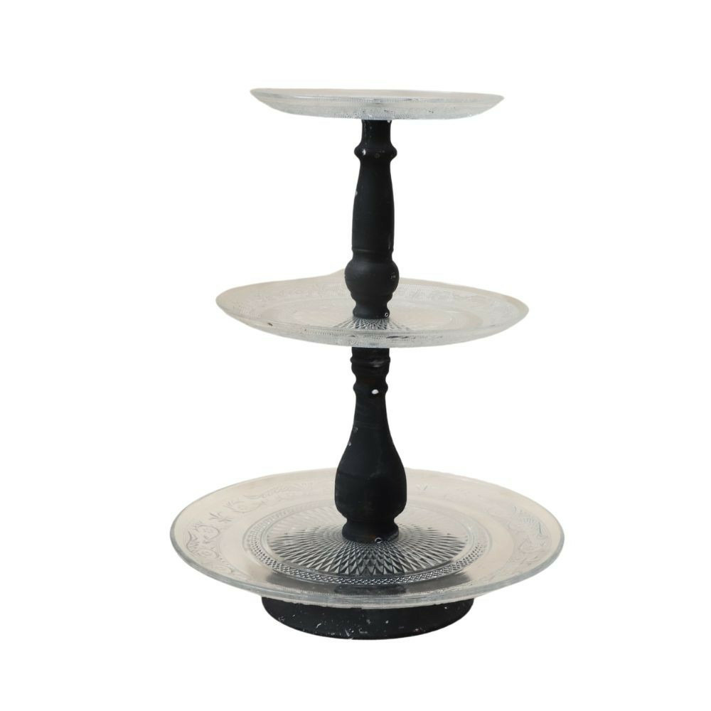 Plateau à gâteaux 3 étages en métal gris et verre ø. 33-25-20 x ht. 43 cm