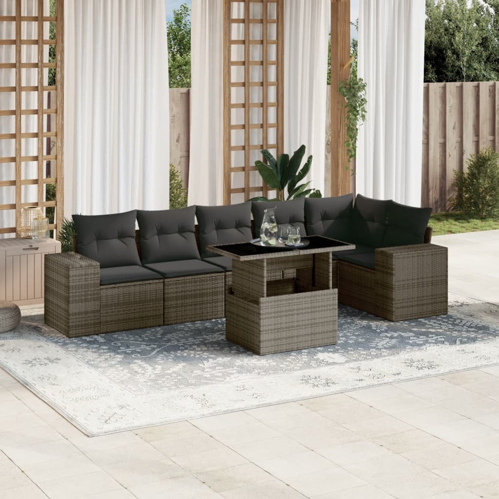 Salon de jardin avec coussins 7 pcs gris résine tressée