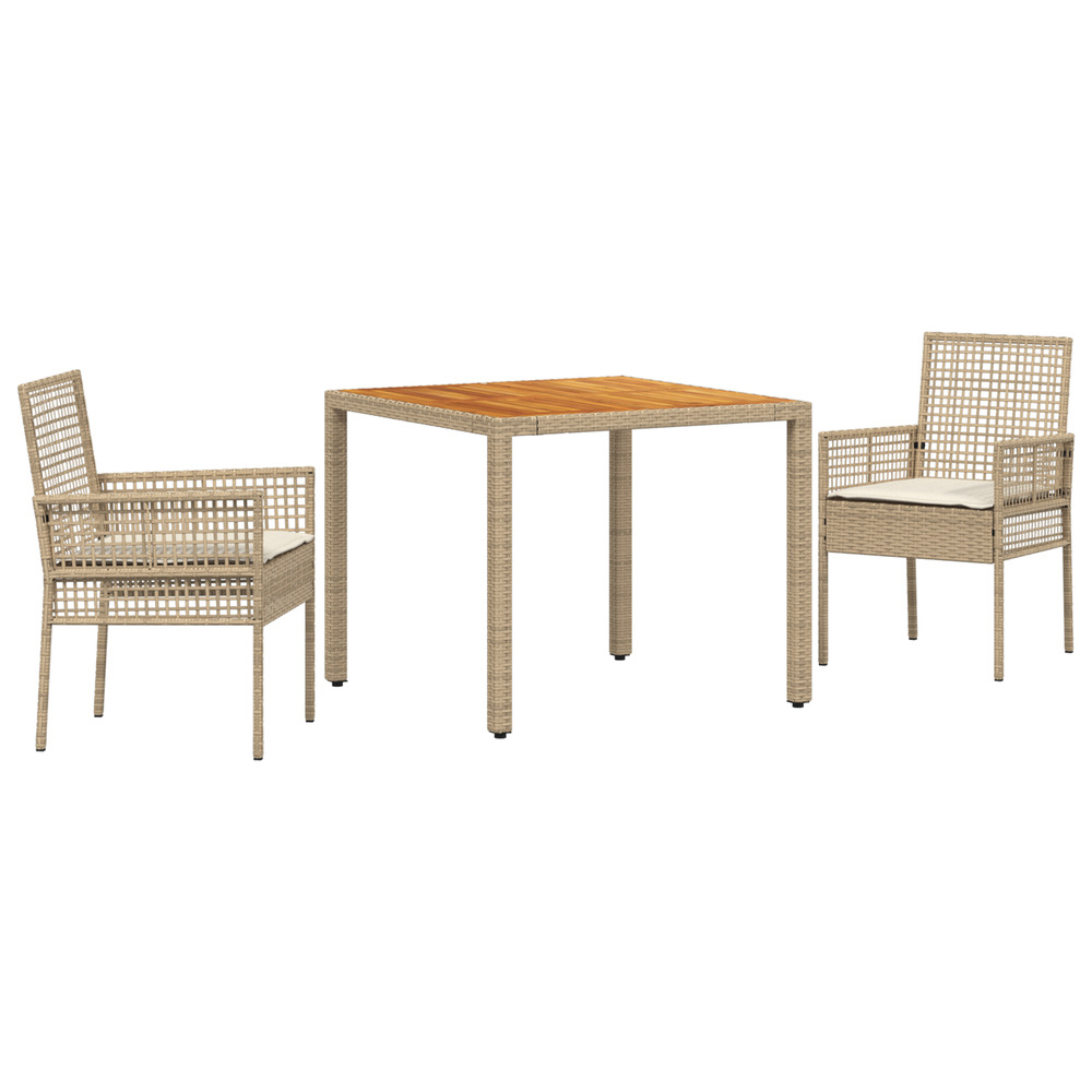 Ensemble de salle à manger de jardin en 3 pièces avec coussins crème beige poly rotin