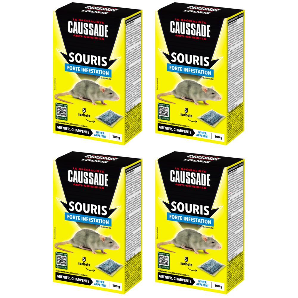 Caussade anti-souris – 20 sachets céréales prêts à l’emploi, forte infestation, usage lieux secs, 4x100g