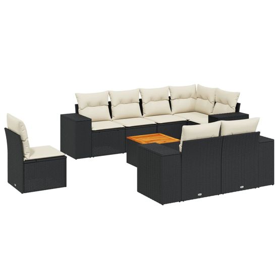 Salon de jardin 9 pcs avec coussins noir résine tressée
