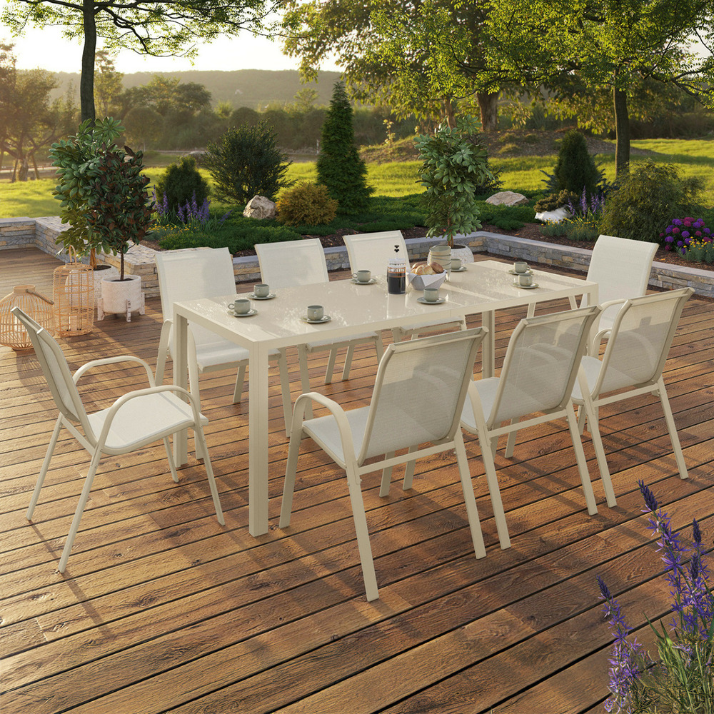 Salon de jardin madrid table 190 cm et 8 chaises empilables beige