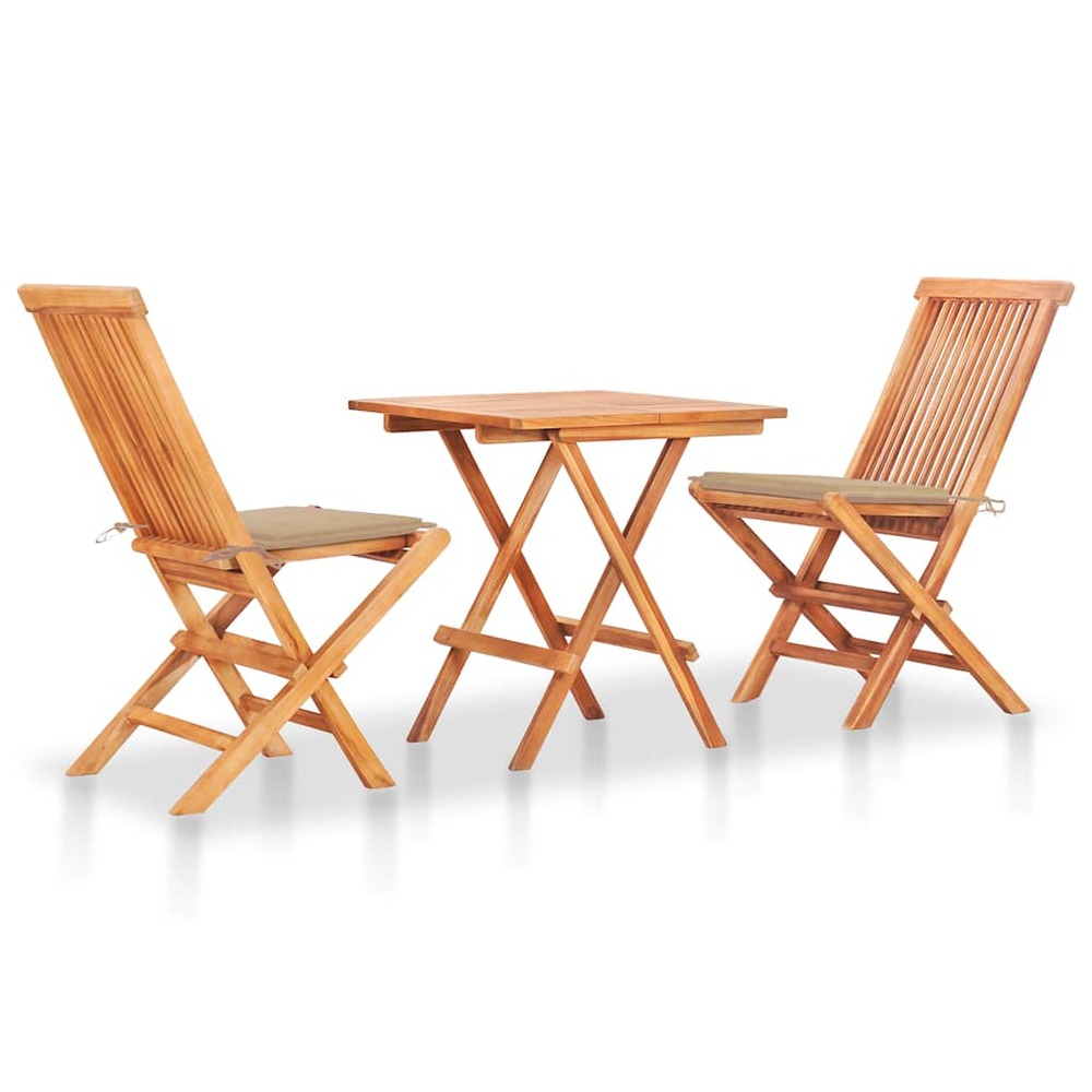 Ensemble de bistro 3pcs avec coussins beige bois de teck massif