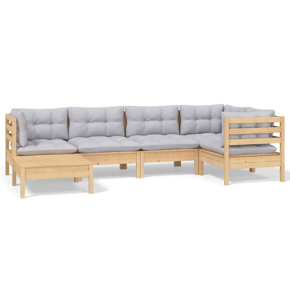 Salon de jardin 6 pcs avec coussins gris bois de pin massif