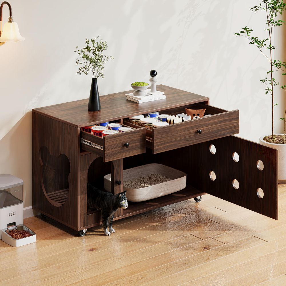 Meuble litière chat bois mdf intérieur rangement sur roulettes noyer 100cm