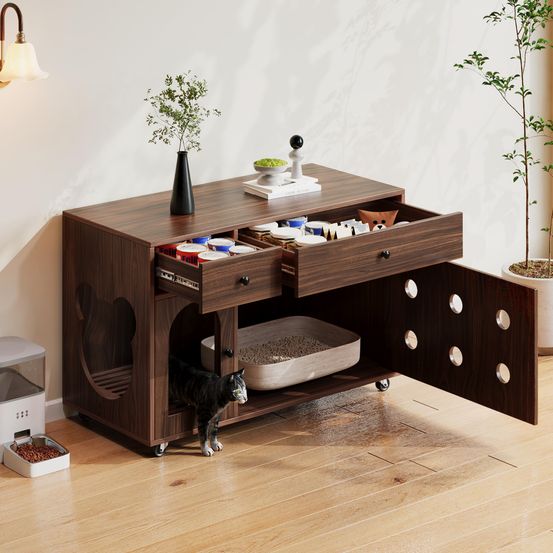 Meuble litière chat bois mdf intérieur rangement sur roulettes noyer 100cm