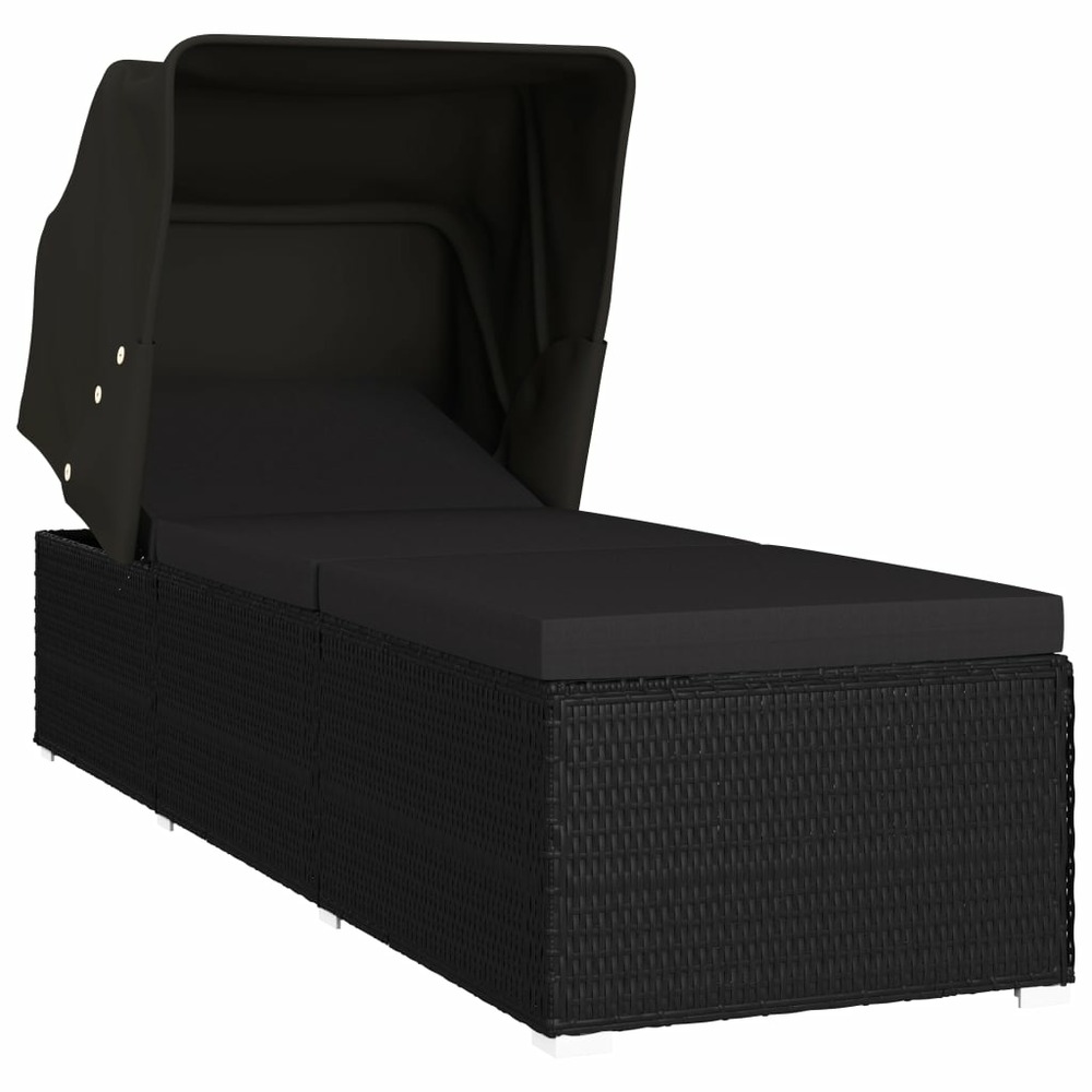 Transat chaise longue bain de soleil lit de jardin terrasse meuble d'extérieur avec auvent et coussin résine tressée noir 02_