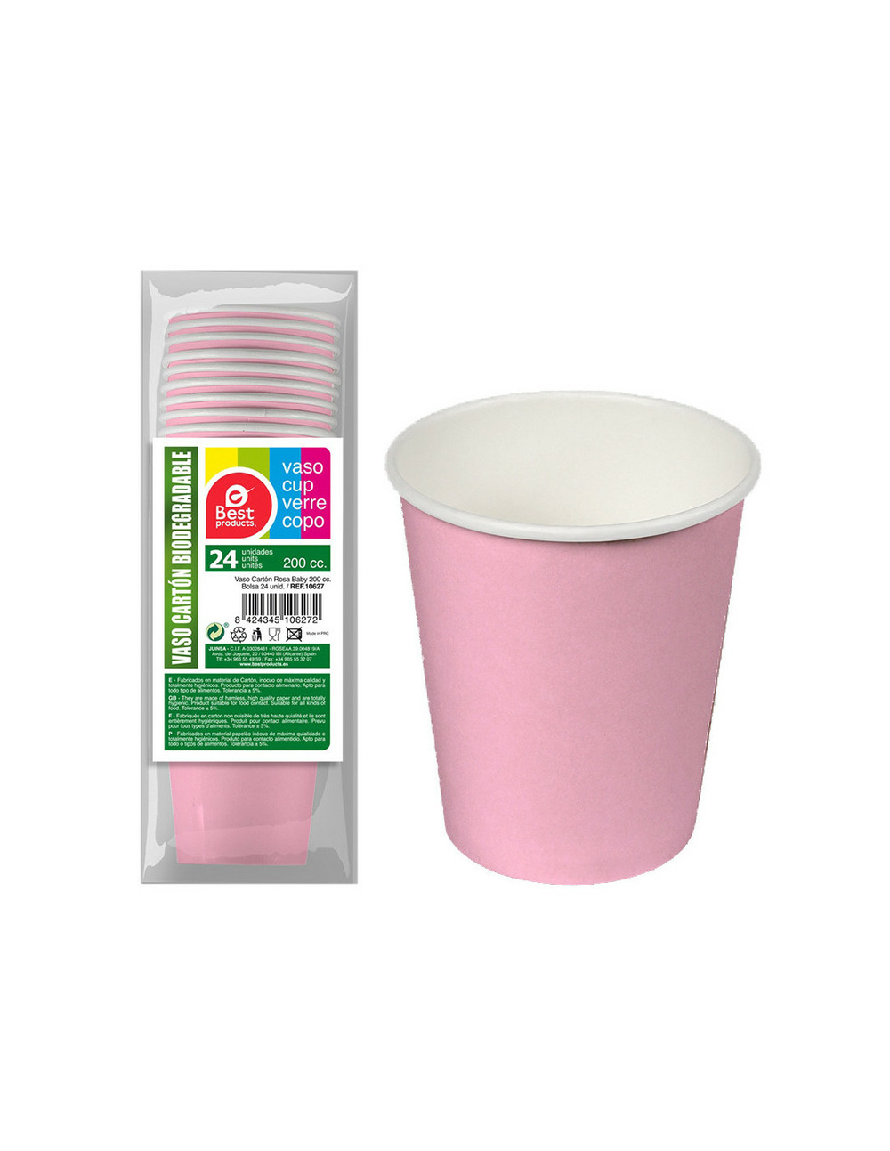 Pack de 24 verres en carton rose baby 200cc best products green