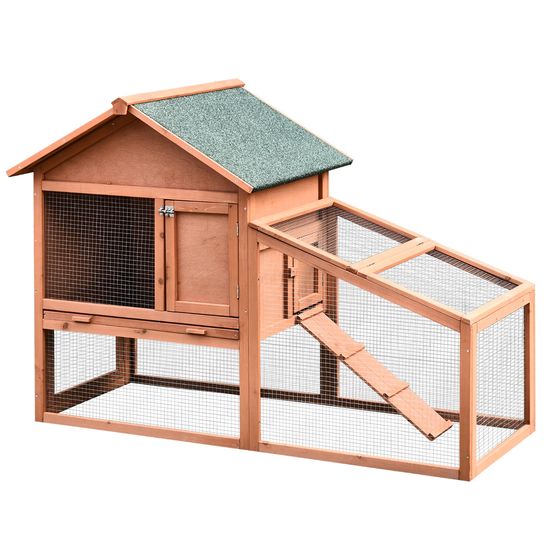 Clapier extérieur 2 niveaux en bois de sapin pour lapins avec enclos spacieux et toit bitumé 144cm
