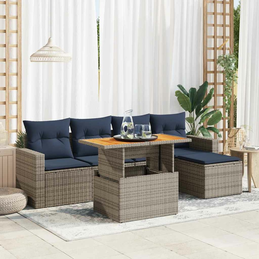 Salon de jardin 6 pcs avec coussins gris résine tressée