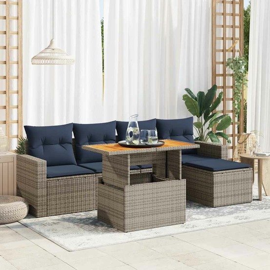 Salon de jardin 6 pcs avec coussins gris résine tressée