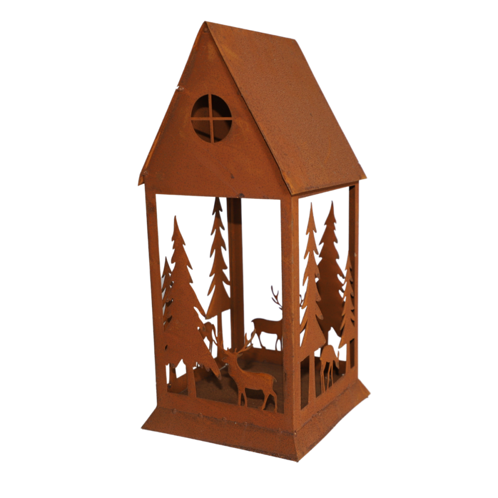 Lanterne jardin extérieur à poser bougie ancienne métal rouillé 50 cm