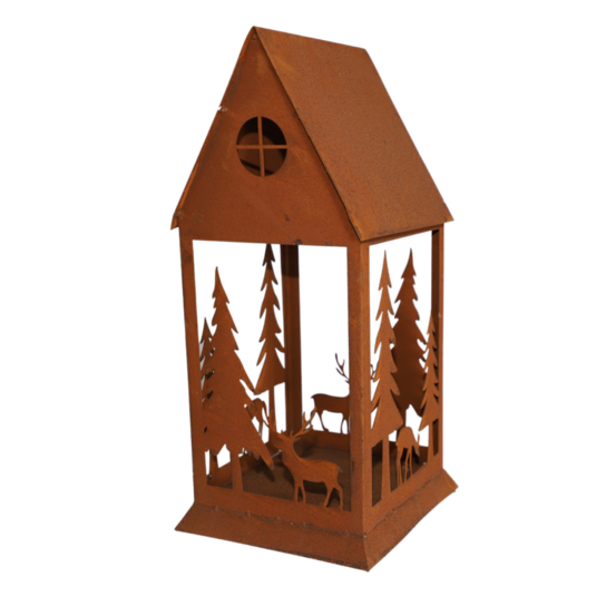 Lanterne jardin extérieur à poser bougie ancienne métal rouillé 50 cm