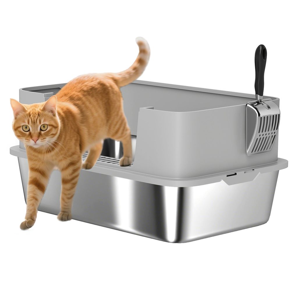Bac à litière xl acier inoxydable à bords hauts anti-projection pour chat avec pelle gris