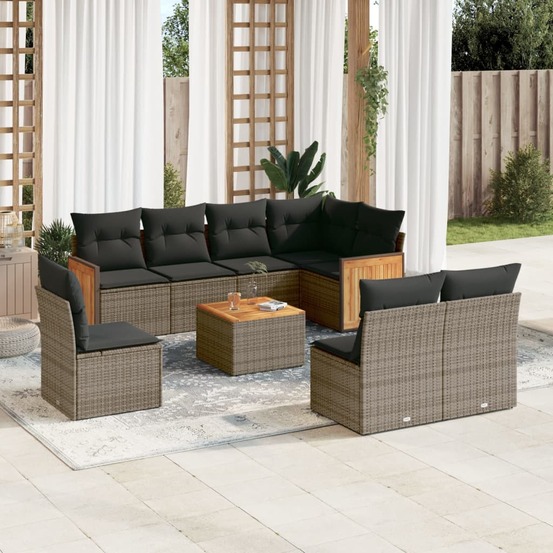 Salon de jardin 9 pcs avec coussins gris résine tressée