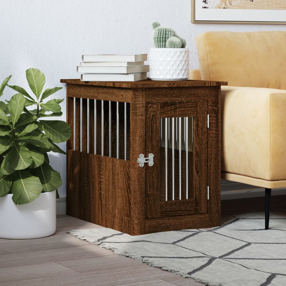 Meuble cage chien bois et acier table d'appoint chêne marron 59cm