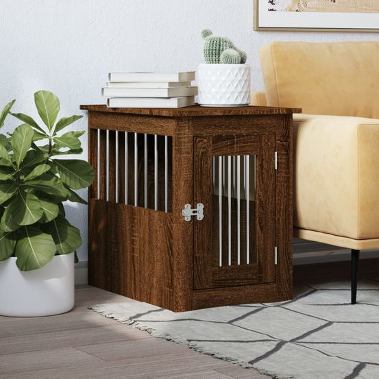 Meuble cage chien bois et acier table d'appoint chêne marron 59cm