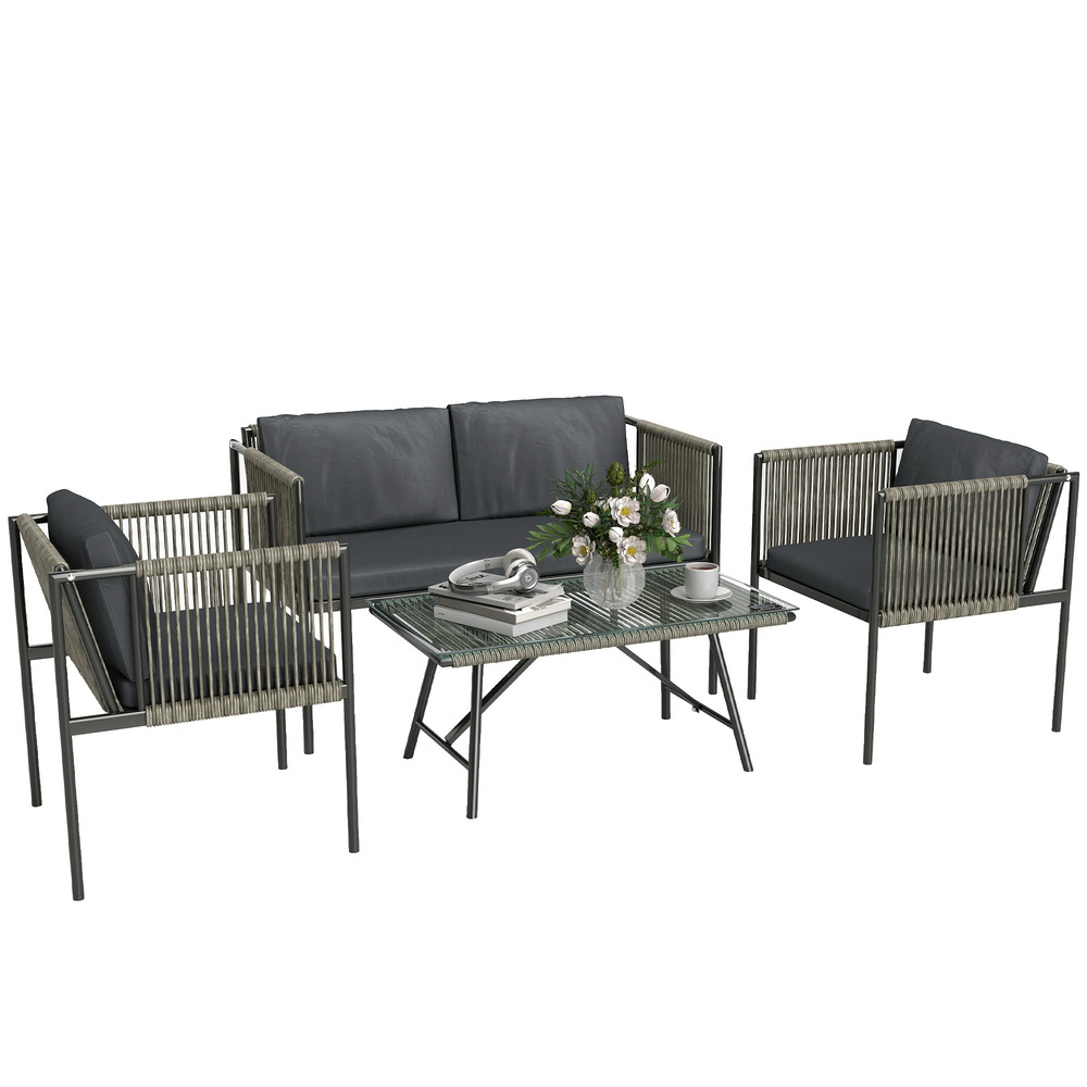 Mobilier de jardin 4 pièces : canapé + 2 fauteuils + table verre, coussins, cadre acier, rotin plastique, gris
