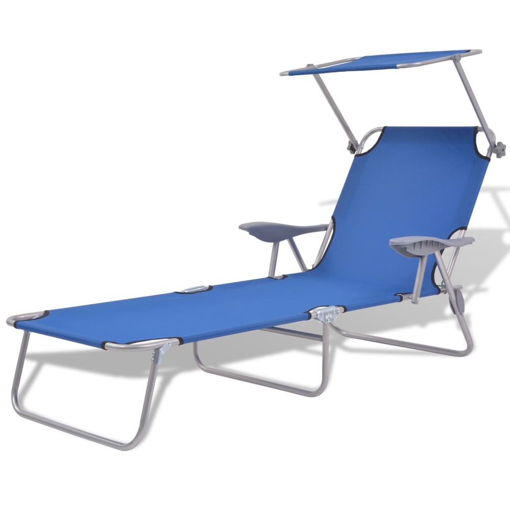 Transat chaise longue bain de soleil lit de jardin terrasse meuble d'extérieur avec auvent acier bleu