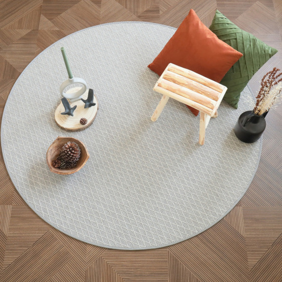 Tapis rond intérieur / extérieur - timika blanc craie - galon gris - ø 120 cm