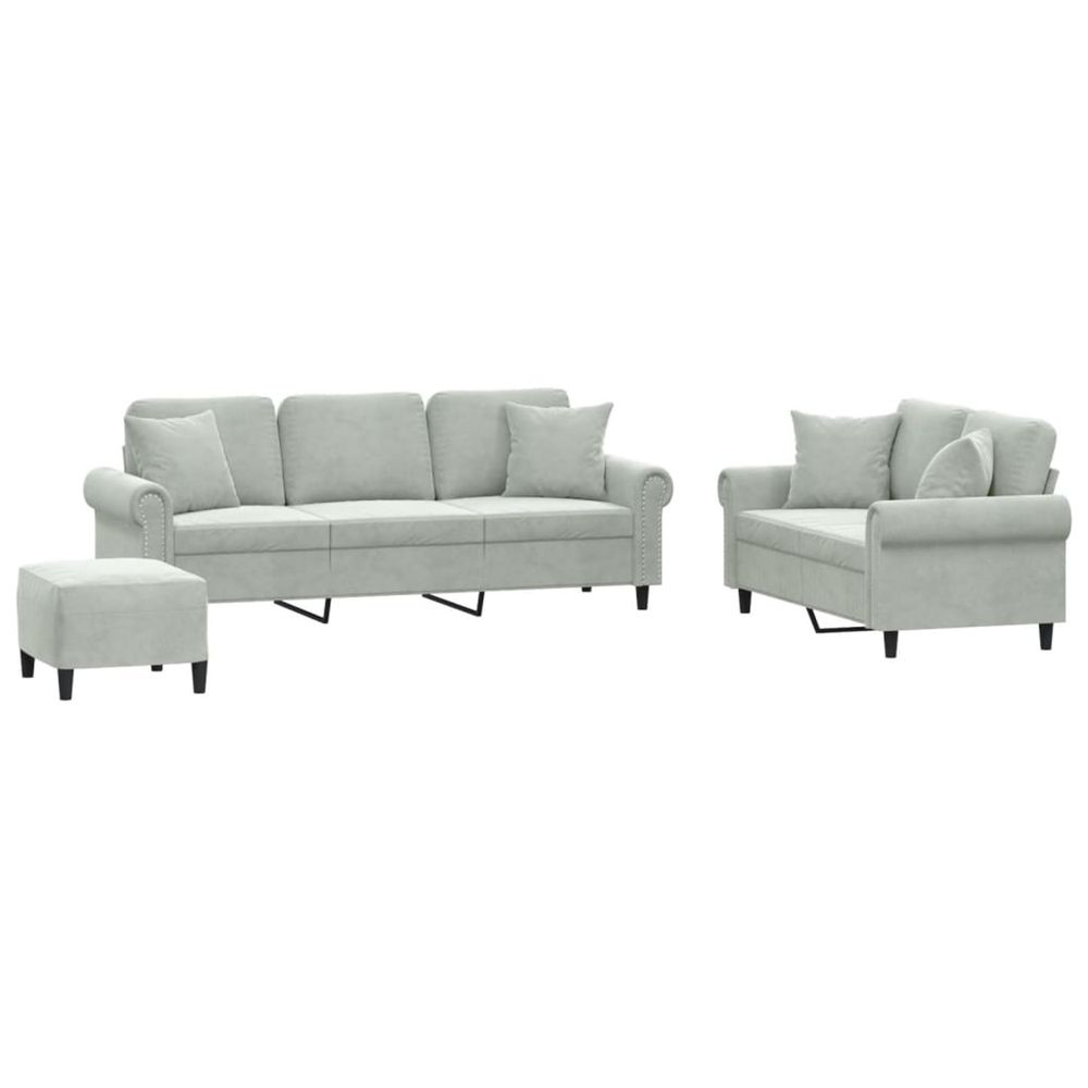 Ensemble de canapés 3 pcs avec coussins gris clair velours