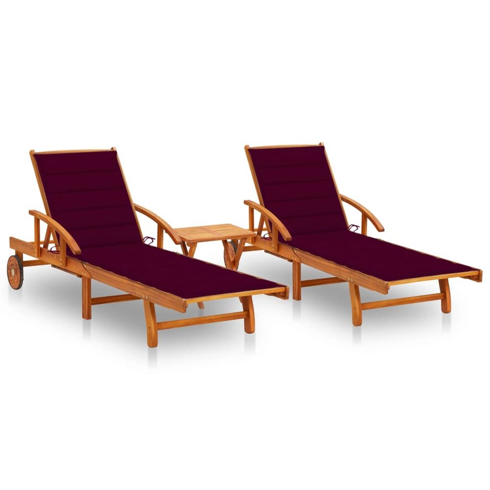 Chaises longues lot de 2 avec table et coussins acacia solide