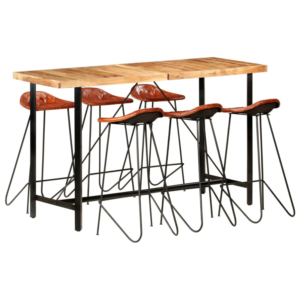Ensemble de bar 7 pcs bois d'acacia solide et cuir véritable