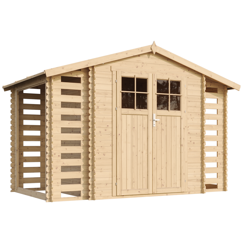 Abri de jardin en bois et range bûches extérieur avec sol traité - 3,53 + 0,97+0,97 m2 - timbela m391f+m391g