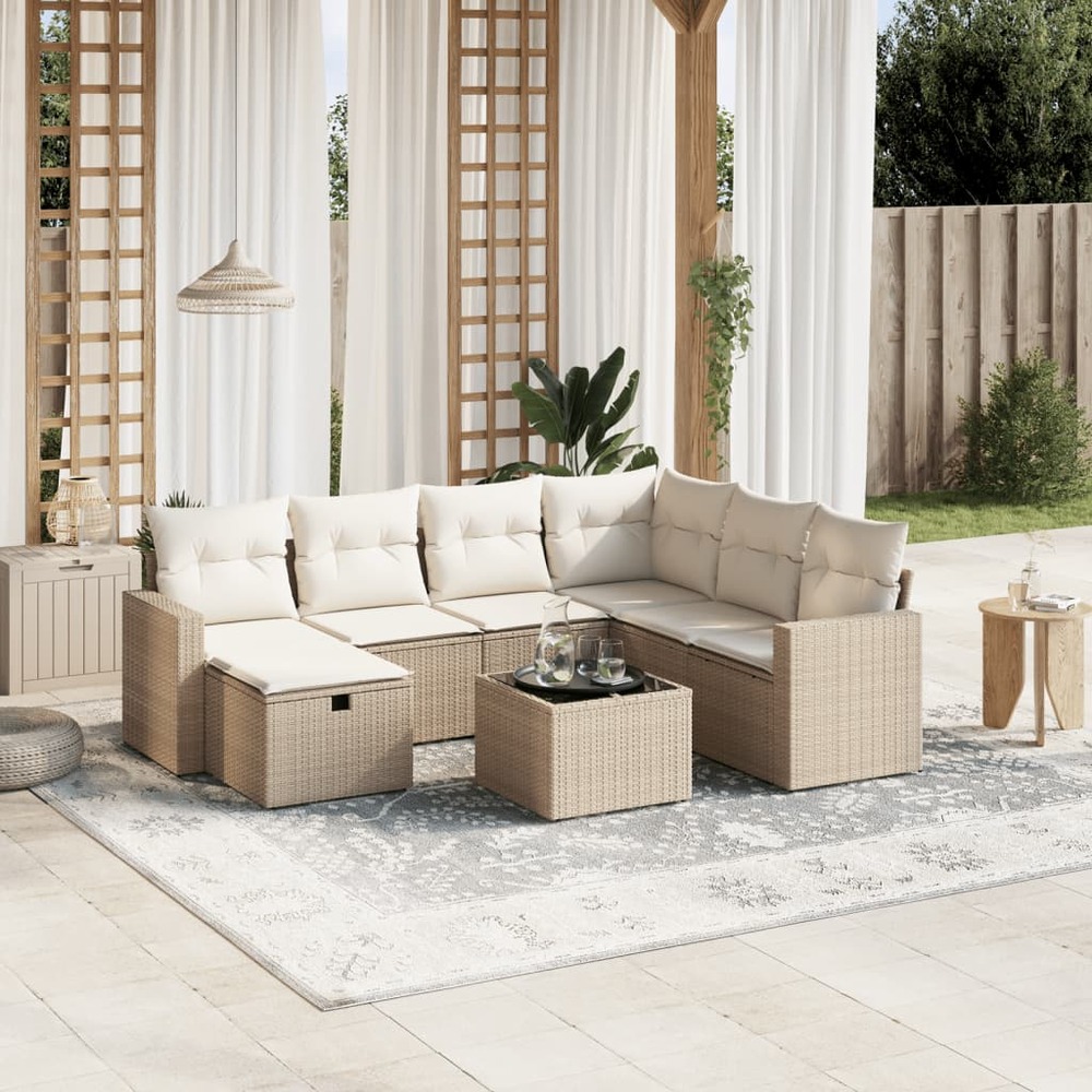 Salon de jardin avec coussins 8 pcs beige résine tressée