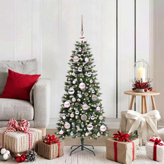 Sapin de noël compact 120 cm effet neige, guirlande 150 led et décorations incluses usb