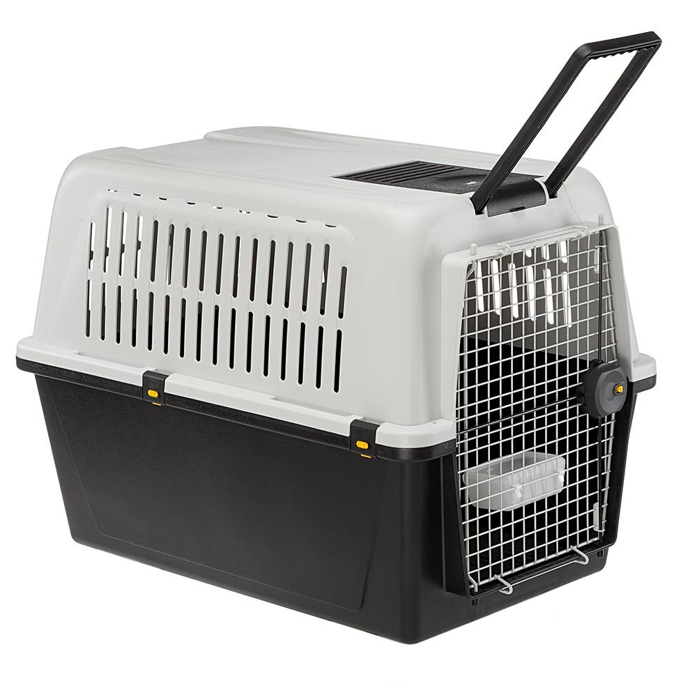 Panier de transport pour grands chiens atlas 60, écuelle et accessoires inclus, verrouillage de sécurité, grilles de ventilation