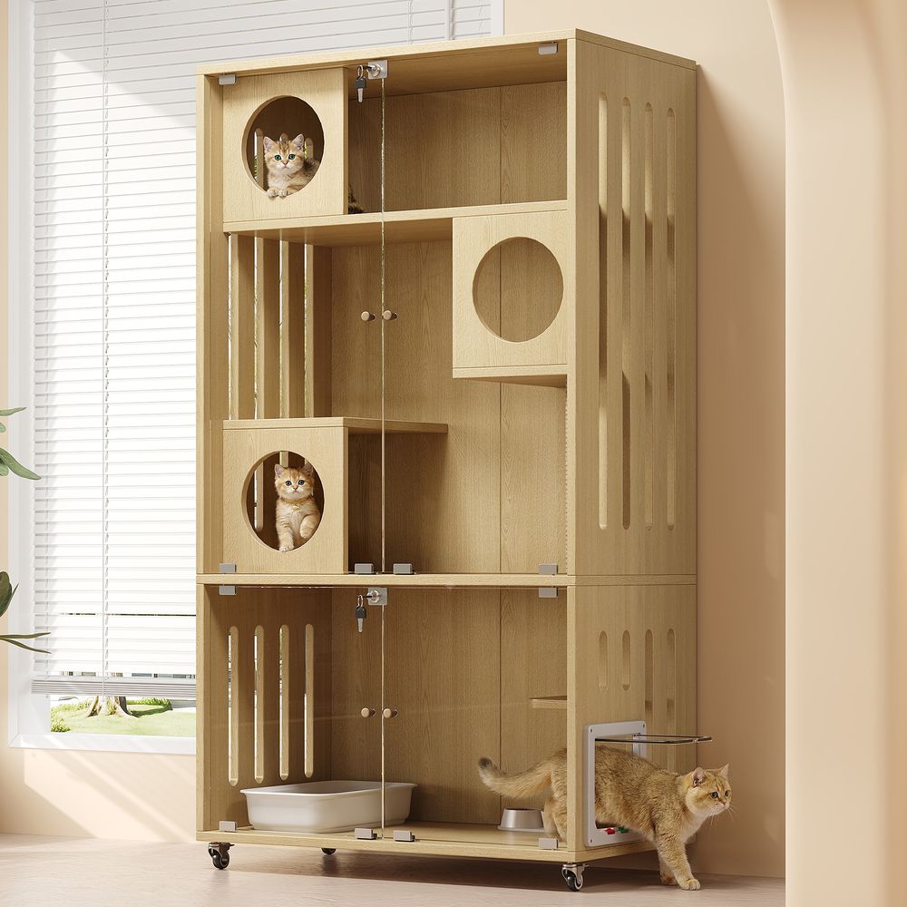 Maison pour chat mdf et verre naturel 90 x 50 x 166 cm 3 niveaux sur roulettes