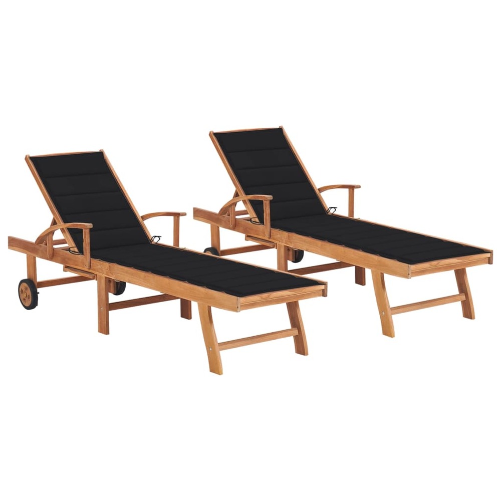 Lot de 2 transats chaise longue bain de soleil lit de jardin terrasse meuble d'extérieur avec coussin noir bois de teck solid