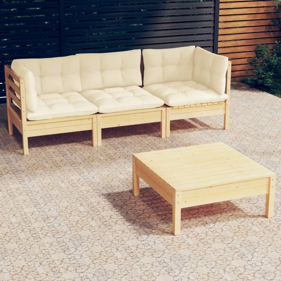 Salon de jardin 4 pcs avec coussins crème bois de pin