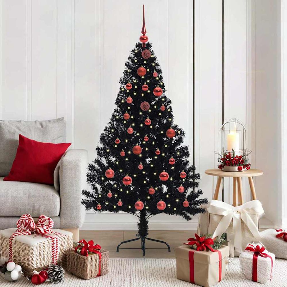 Kit complet sapin de noël design noir 150 cm avec 150 led et 61 décorations