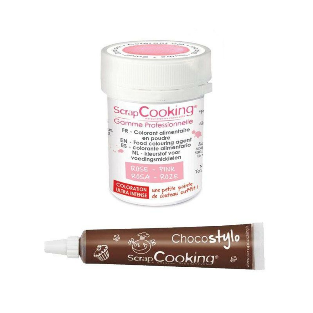 Colorant alimentaire en poudre rose poudré + stylo chocolat