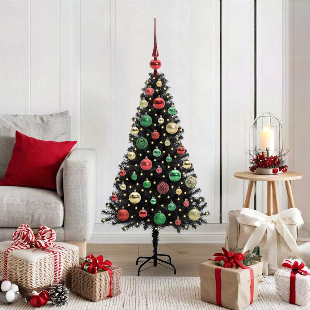Sapin de noël prêt à décorer 120 cm noir conique, kit avec guirlande 150 led et 61 boules pour intérieur/extérieur