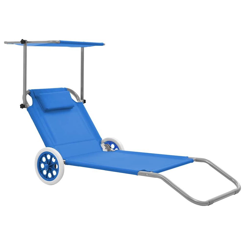 Chaise longue pliable avec auvent et roues acier bleu