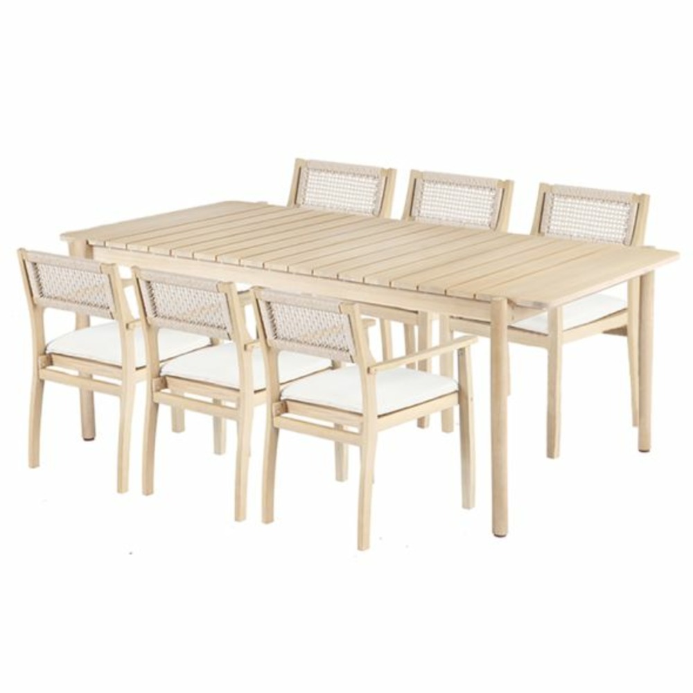 Ensemble table 210cm et 6 fauteuils samoa en bois d'acacia fsc blanchi - dossier court