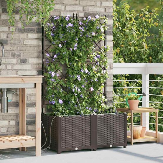 Jardinière haute avec treillis et système d'irrigation acier marron 80x40x142 cm