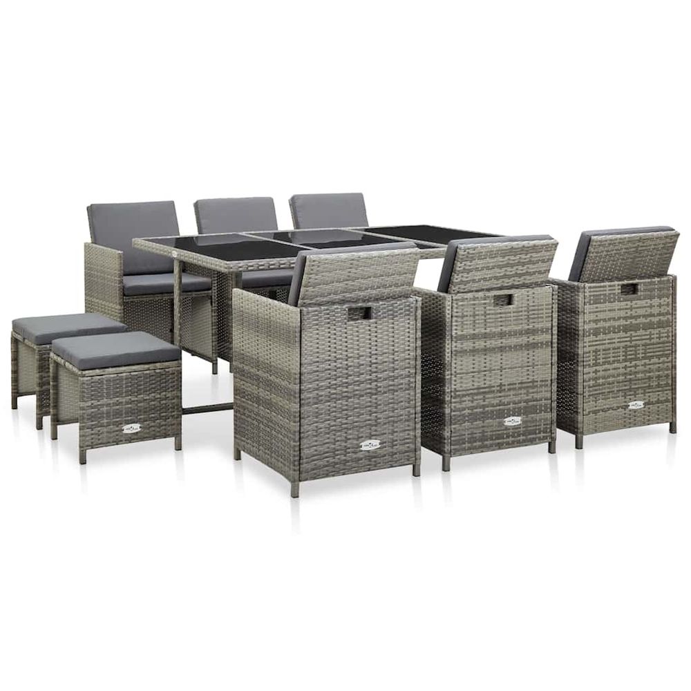Ensemble à manger d’extérieur 11pcs et coussins poly rotin gris