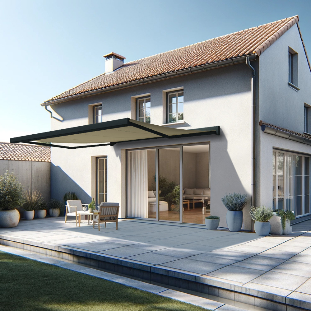 Store banne coffre intégral soa 4,10x3,50 m (motorisé secours à télécommande - gris anthracite stucturé ral7016st - écru)