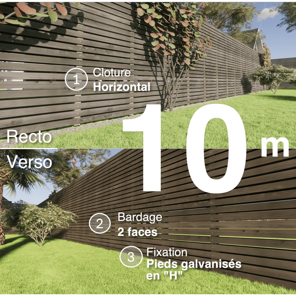 Kit clôture bois moderne 10m – h 2,3m – 20 x 70 mm noir par trempage – pose horizontal – double face – support galva