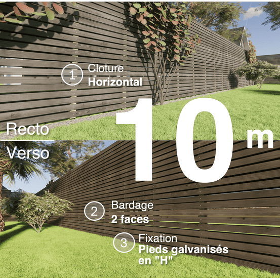Kit clôture bois moderne 10m – h 2,3m – 20 x 70 mm noir par trempage – pose horizontal – double face – support galva
