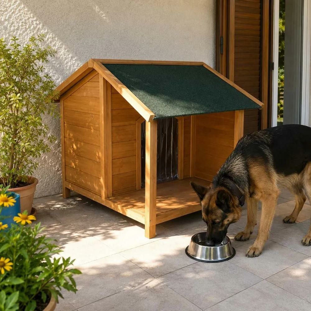 Niche en bois pour chien avec terrasse - taille l